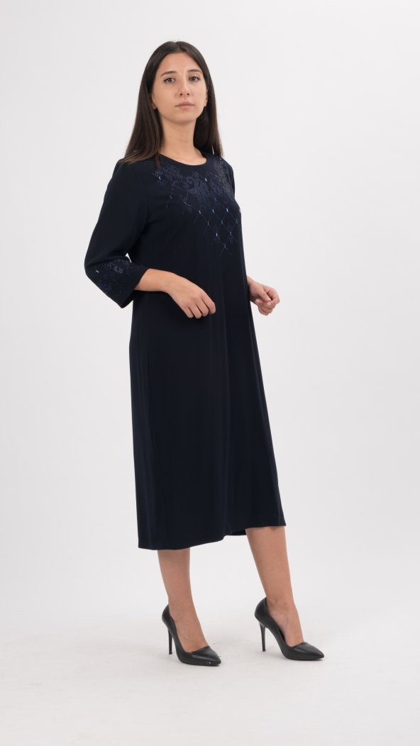 BAYAN ABİYE ELBİSE,LAZER TAŞ İŞLEMELİ,TRUVAKAR KOL,SORALLİNE,1115 LACİVERT