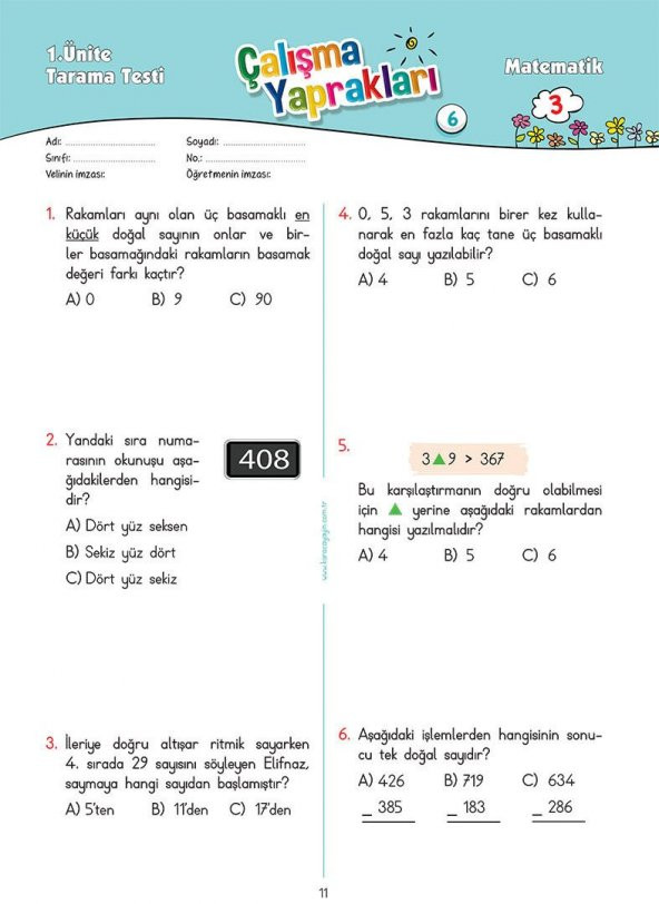 Karaca Eğitim Yayınları 3. Sınıf Matematik Etkinlikli Soru Bankası Çalışma Yaprakları - 6