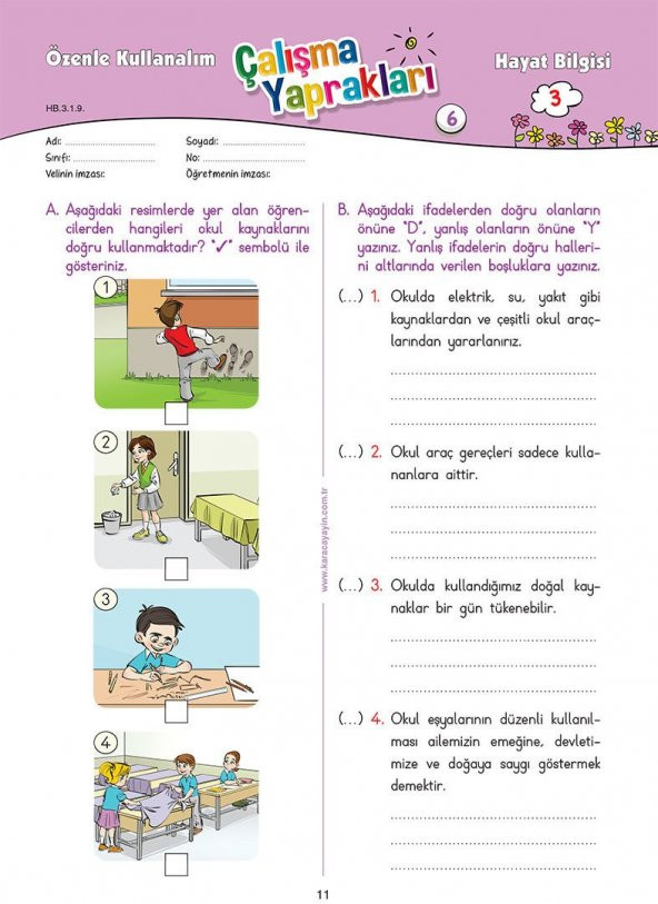 Karaca Eğitim Yayınları 3. Sınıf Hayat Bilgisi Etkinlikli Soru Bankası Çalışma Yaprakları - 4