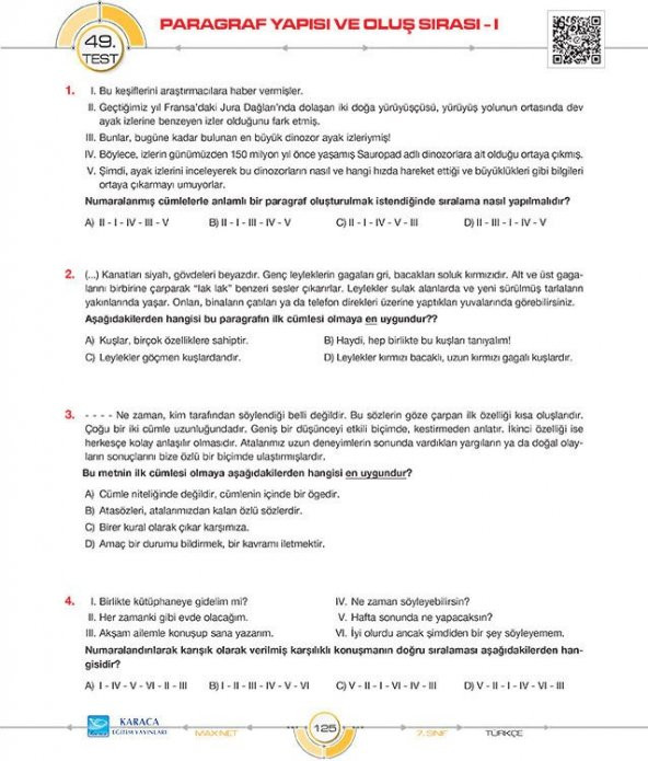 Karaca Eğitim Yayınları MaxNet 7. Sınıf Türkçe Soru Kitabı - 5