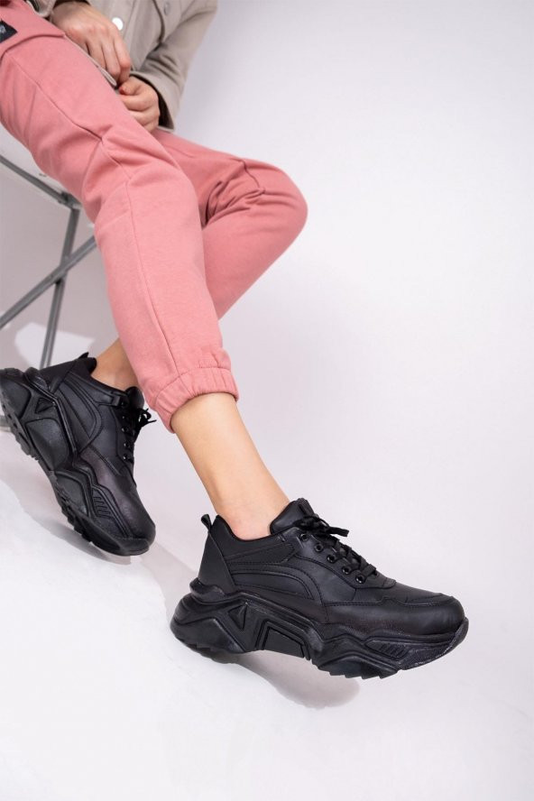 Modabuymus Kadın Kalın Tabanlı Düz Siyah Sneaker Spor Ayakkabı - Fashi
