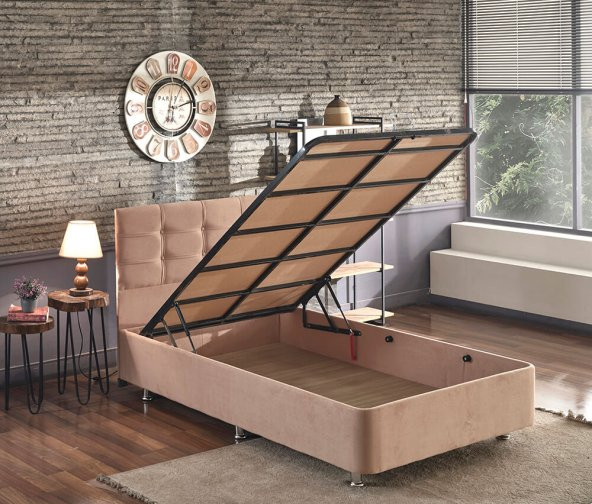 Niron Queen 120x200 Bir Buçuk Kişilik Pedli Yatak Seti Sütlü Kahve Kumaş Baza Başlık ve Yatak Takımı - 3