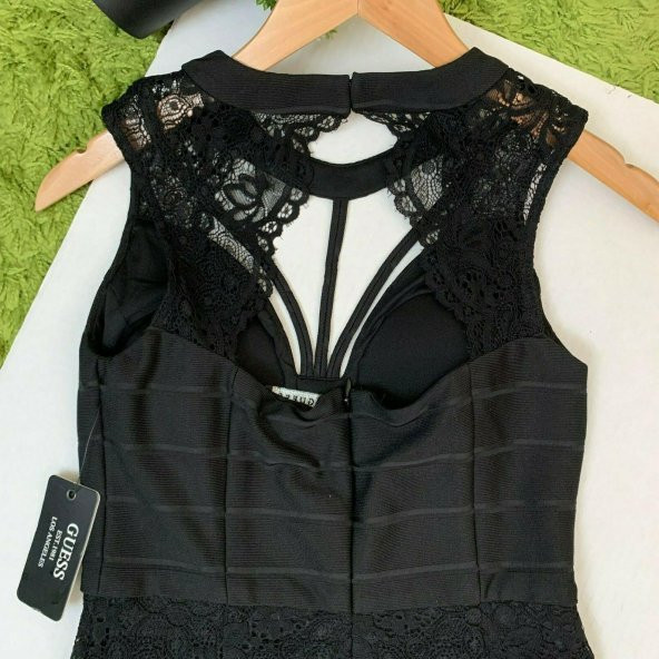 Dantel Bandaj Bodycon Siyah Kolsuz Elbise - 4