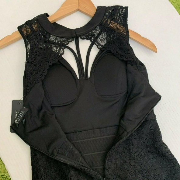 Dantel Bandaj Bodycon Siyah Kolsuz Elbise - 5