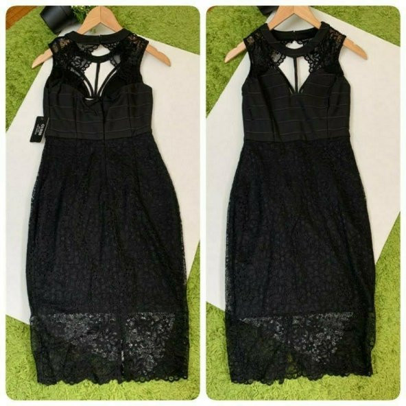 Dantel Bandaj Bodycon Siyah Kolsuz Elbise - 8
