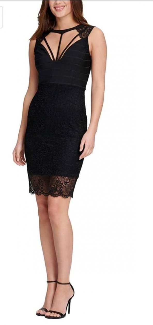 Dantel Bandaj Bodycon Siyah Kolsuz Elbise - 9