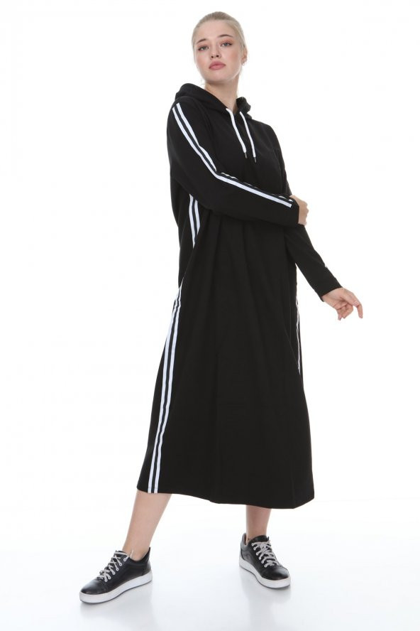 Palena - PLNA5420 - Büyük Beden Kapüşonlu Elbise Sweatshirt - Beden Siyah & Yandan Şerit Beyaz