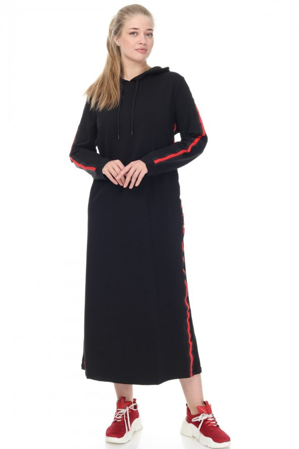 Palena - PLNA5421 - Büyük Beden Kapüşonlu Elbise Sweatshirt - Beden Siyah & Yandan Şerit Kırmızı