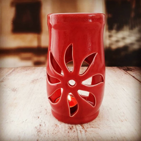 Dekoratif Lotus Motifli Seramik Buhurdanlık Kırmızı