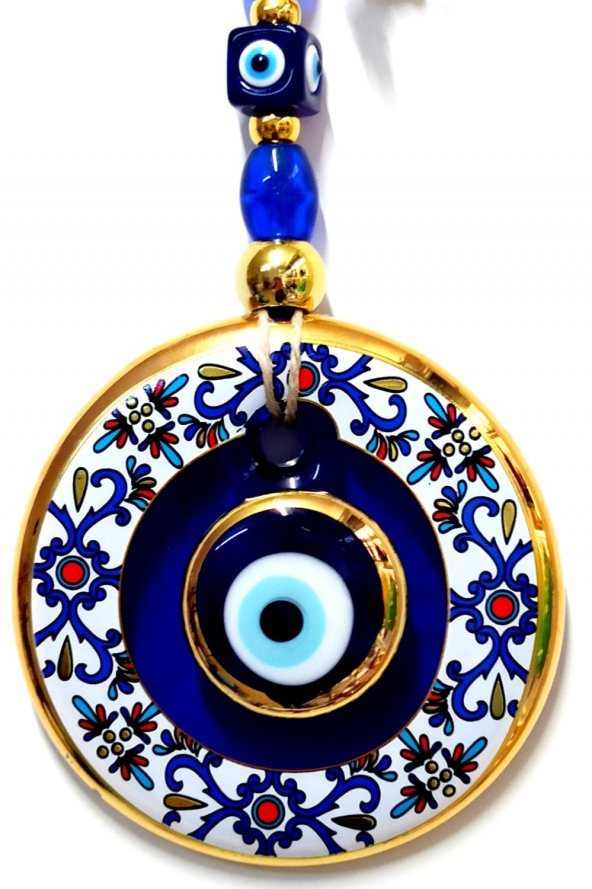 Çini Desenli Nazar Boncuklu Duvar Süsü, Cam El İşçiliği Hediyelik Eşya Altın Yaldızlı Nazar Boncuğu - 2