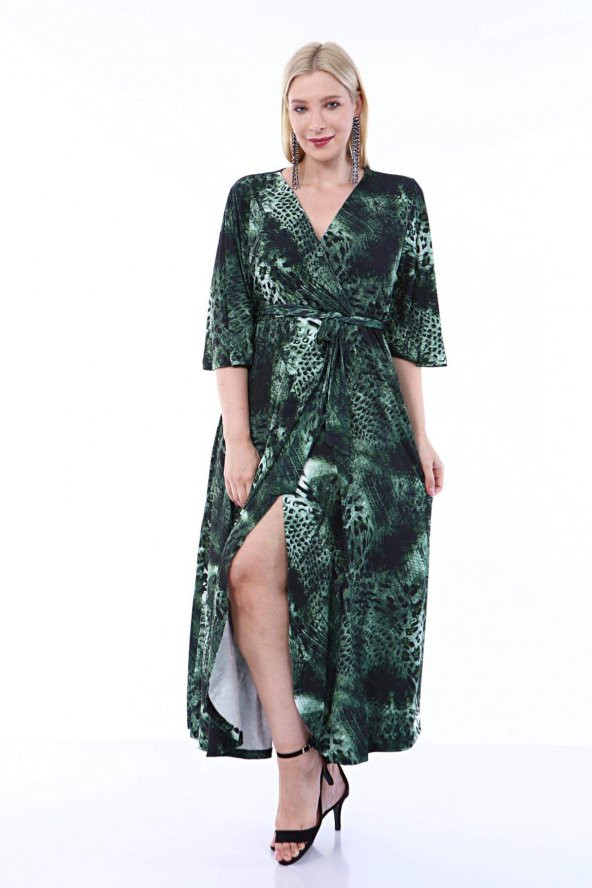 Büyük Beden Kadın Sandy Yırtmaç Detay Bel Lastik Kuşaklı Elbise VF1836 Yeşil