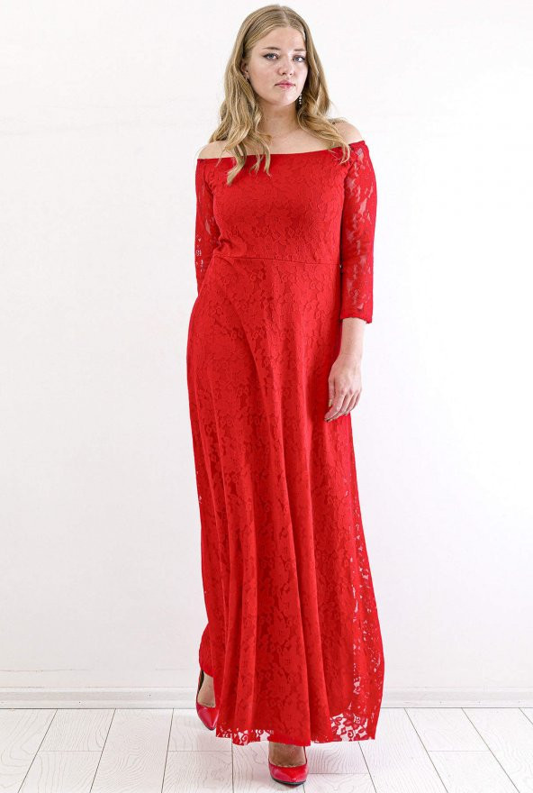 Büyük Beden Yakası Lastikli Komple Dantel Detay Abiye Mezuniyet Elbisesi KL8400u Kırmızı
