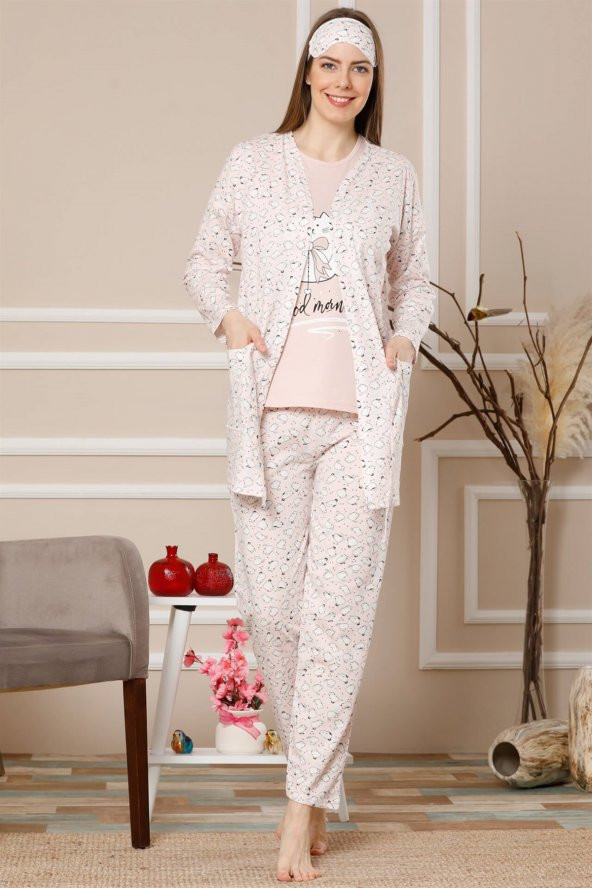 Akbeniz Kadın Somon Renk Pamuklu Cepli 3lü Pijama Takım 1116 - 2