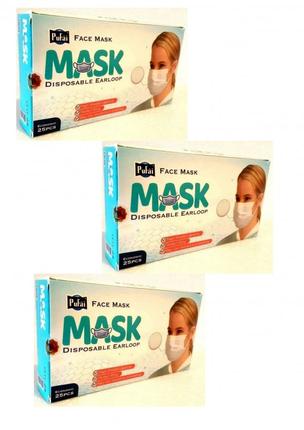 Pufai Tek Kullanımlık Full Ultrasonik Cerrahi Maske 3 Katlı Burun Telli 75 Adet 3 Kutu