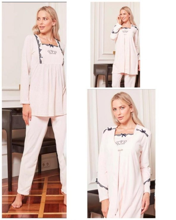 Bone Club 4806 Somon  Kadife 3Lü Hamile Lohusa Pijama Sabahlık
