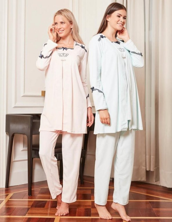 Bone Club 4806 Somon  Kadife 3Lü Hamile Lohusa Pijama Sabahlık - 3