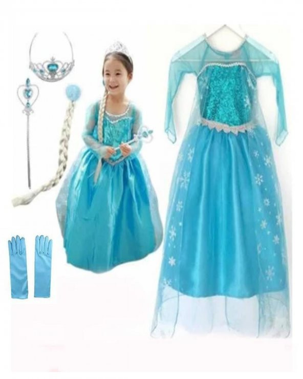 Kız Çocuk Uzun Kol Simli Frozen Taç Asa Saç Ve Eldiven Hediyeli Mavi Elsa Elbise