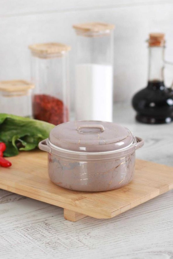 Acar Ella Porselen Mermer Desen Yuvarlak Tencere - Kahverengi ürün görseli