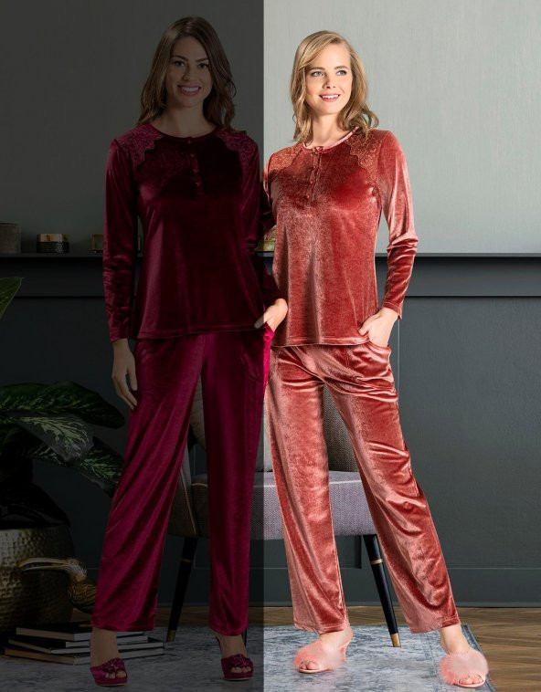 POLEREN Bayan Uzun Kol Kadife Pijama Takımı 6579 - 2