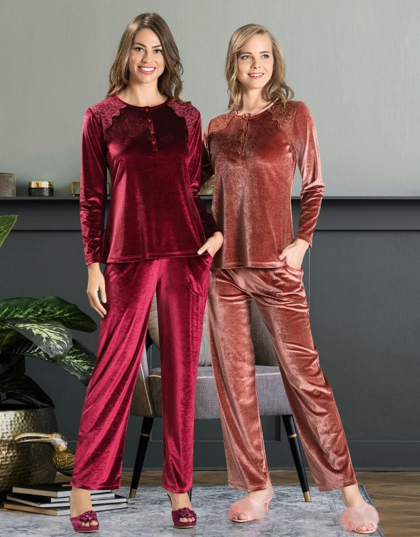 POLEREN Bayan Uzun Kol Kadife Pijama Takımı 6579 - 3