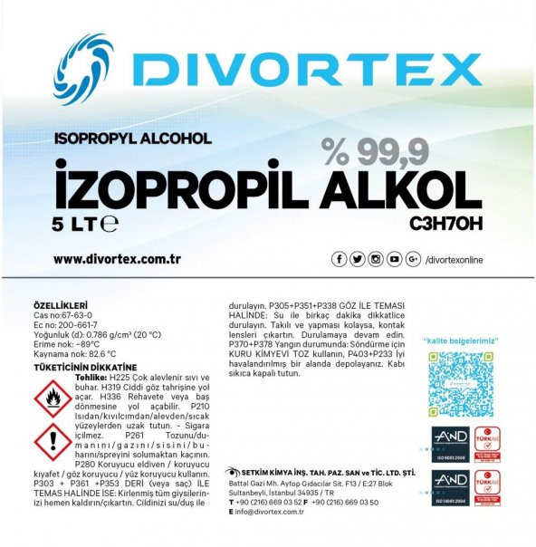 Divortex Ipa Izopropil Alkol C3H70H ( 99.9 Saflık) 5 lt. 3.94 kg - 5