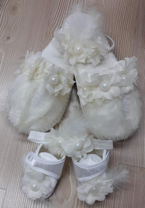 Lohusa Terlik Taç Anne Bebek Takımı İncili Tüylü Taç Ecru