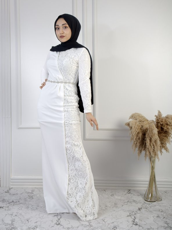Beli Aksesuarlı Tesettür Balık Abiye Elbise Beyaz- AB1001 - 3