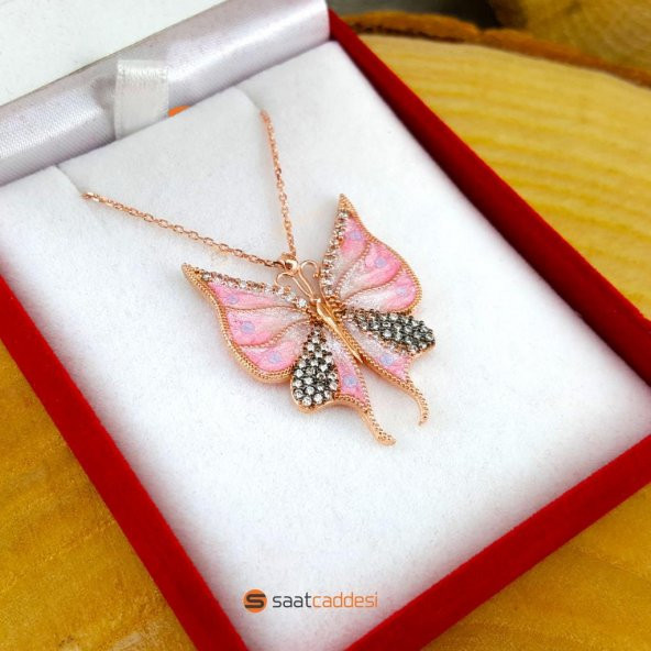 925 Ayar Gümüş Pembe Taşlı Beyaz Mineli Kelebek Kolyesi