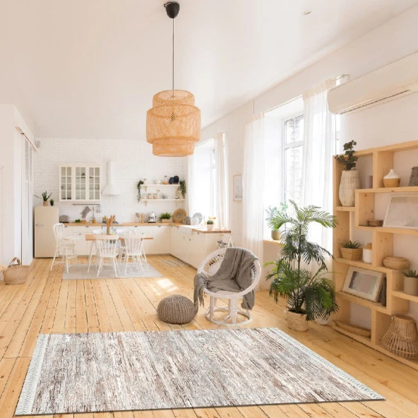 Baskılı Kilim Dekoratif Eskitme Silik Desen Krem Bej Kahve Renk