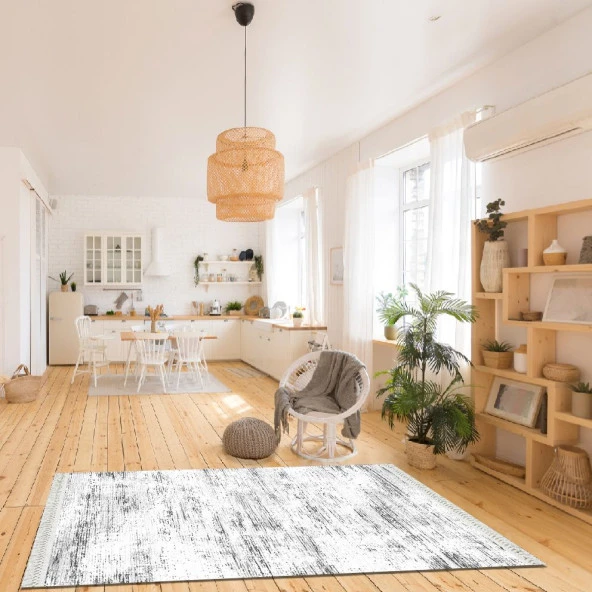 Baskılı Kilim Modern Dekoratif Gri Tonlarda Beyaz Renk Eskitme