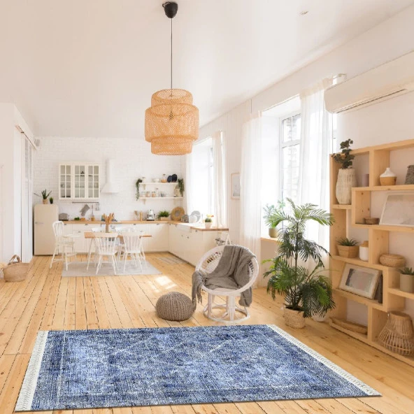Baskılı Kilim Klasik Üçgen Desenli Eskitme Mavi Beyaz Renkli