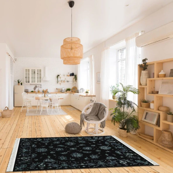 Baskılı Kilim Klasik Sarmaşık Yeşil Desenli Siyah Zeminli