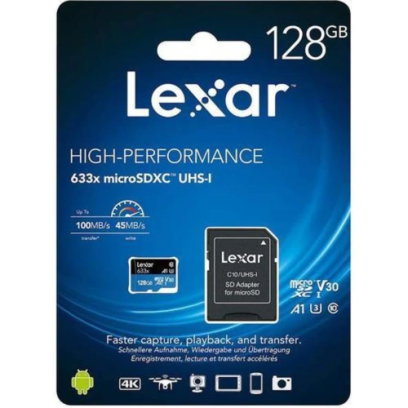 Lexar 128GB Micro SD Class 10 Hafıza Kartı UHS-I  633x 100MB/45sn