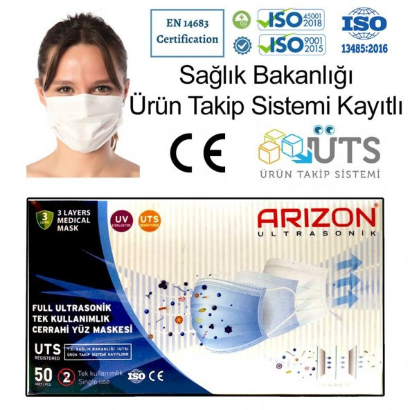 Sağlık Bakanlığı Ürün Takip Sistemi Kayıtlı Arizon Full Ultrasonik Cerrahi Maske 3 Katlı 100 Adet Tek Kullanım Telli