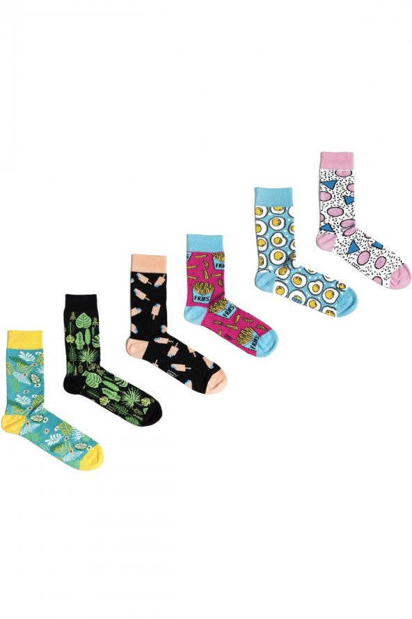6 lı Organik Pamuklu Dikişsiz Kadın Çok Renkli Desenli Çorap 1