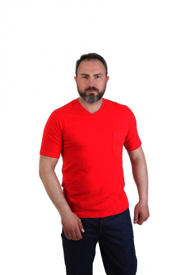 ESER - V Yaka Kısa Kol İş Tişörtü - Cepli - Regular Fit Kırmızı