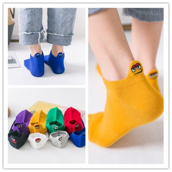 8li Unisex Renkli Emojili Nakışlı Işlemeli Çorap