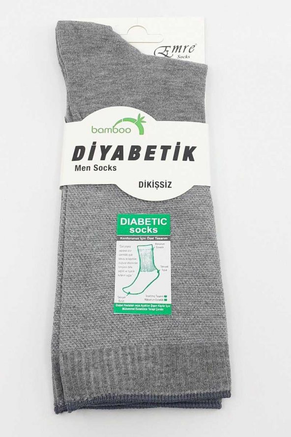 6 lı Emre Erkek Şeker Çorabı Diyabetik Dikişsiz Bambu Gri - 1