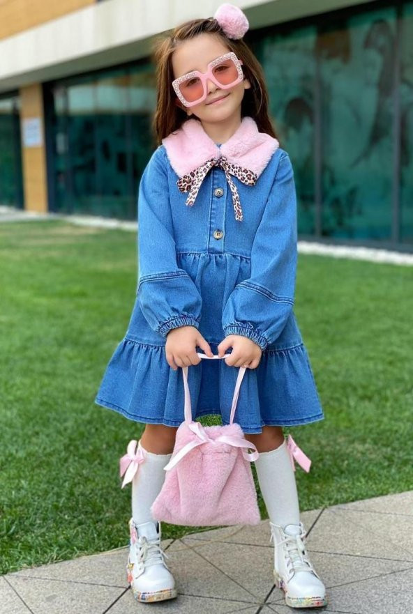 Kız Çocuk Pembe Peluş Yakalı Denim Elbise