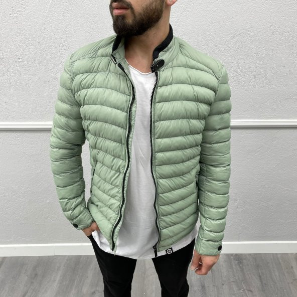 Erkek Dar Kesim Hakim Yaka Fermuarlı Şişme Mont- Haki - 2