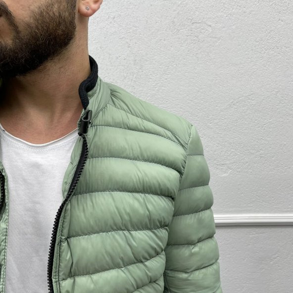 Erkek Dar Kesim Hakim Yaka Fermuarlı Şişme Mont- Haki - 4