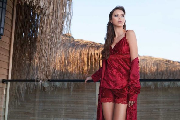 Jar Pierre 335 Kadife 3lü Sabahlıklı Pijama Takım - 1