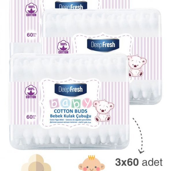 Deep Fresh Bebek Pamuklu Kulak Temizleme Çubuğu 3 x 60 Adet - 2