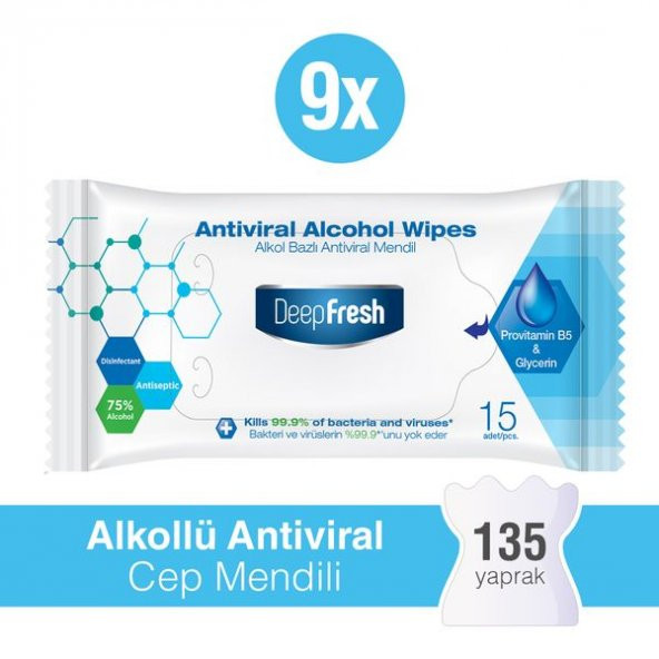 Deep Fresh Alkollü Antiviral Islak Cep Mendili 9 x 15 Yaprak