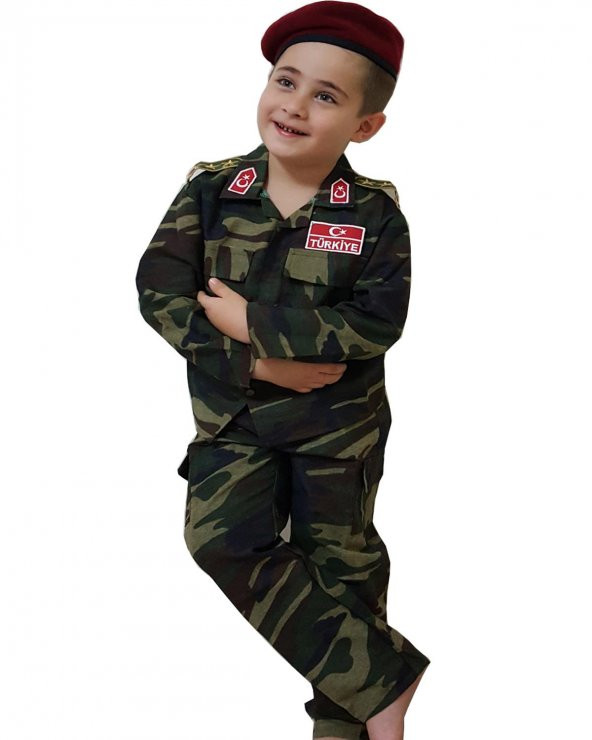 3 Parça Bordo Bereli Koyu Renk Gömlekli Çocuk Asker Komando Kıyafeti