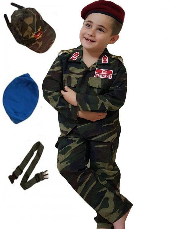 6 Parça Bordo Ve Mavi Bereli Çocuk Kamuflaj  Asker Komando Kostümü