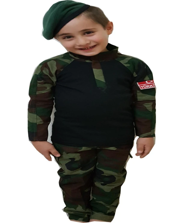 3 Parça Erkek Çocuk Yeşil Bereli Koyu Kombatlı Asker Komando Kostümü