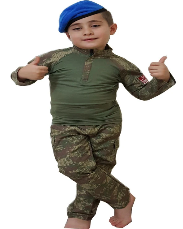 3 Parça Mavi Bereli Nano Kombatlı Çocuk Asker Komando Kostümü-kıyafeti