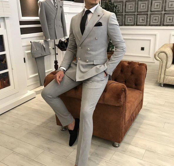 Erkek Slimfit İtalyan Kalıp Kruvaze Likralı Takım Elbise-Gri