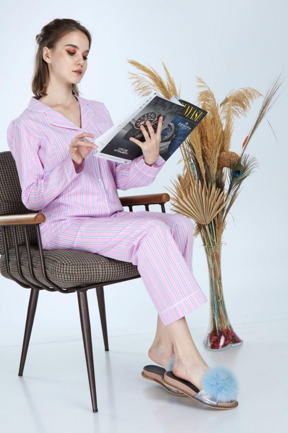 LadyMina Modern Çizgili Pembe Pijama Takımı